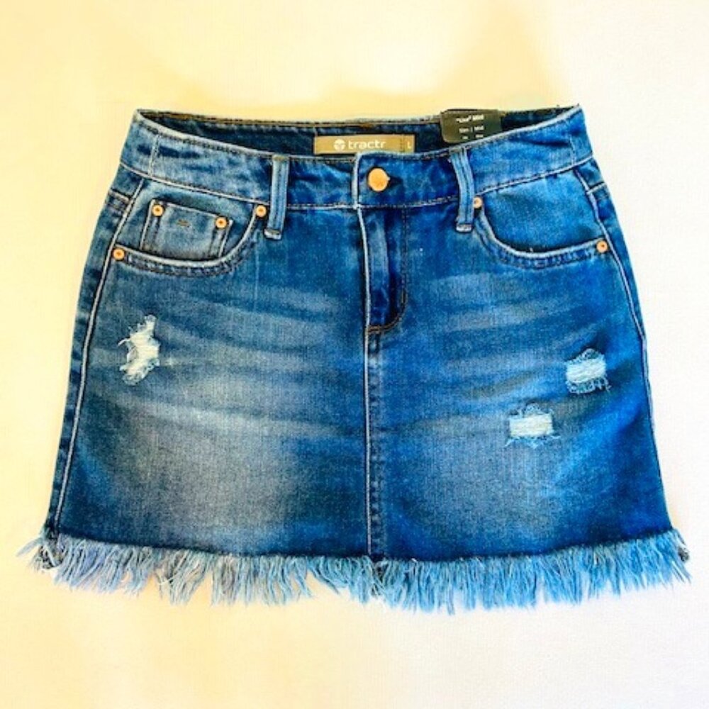 Lisa Mini Stretch Denim Jean Skirt Distressed in Indigo w/ Raw Frayed Edge Hem